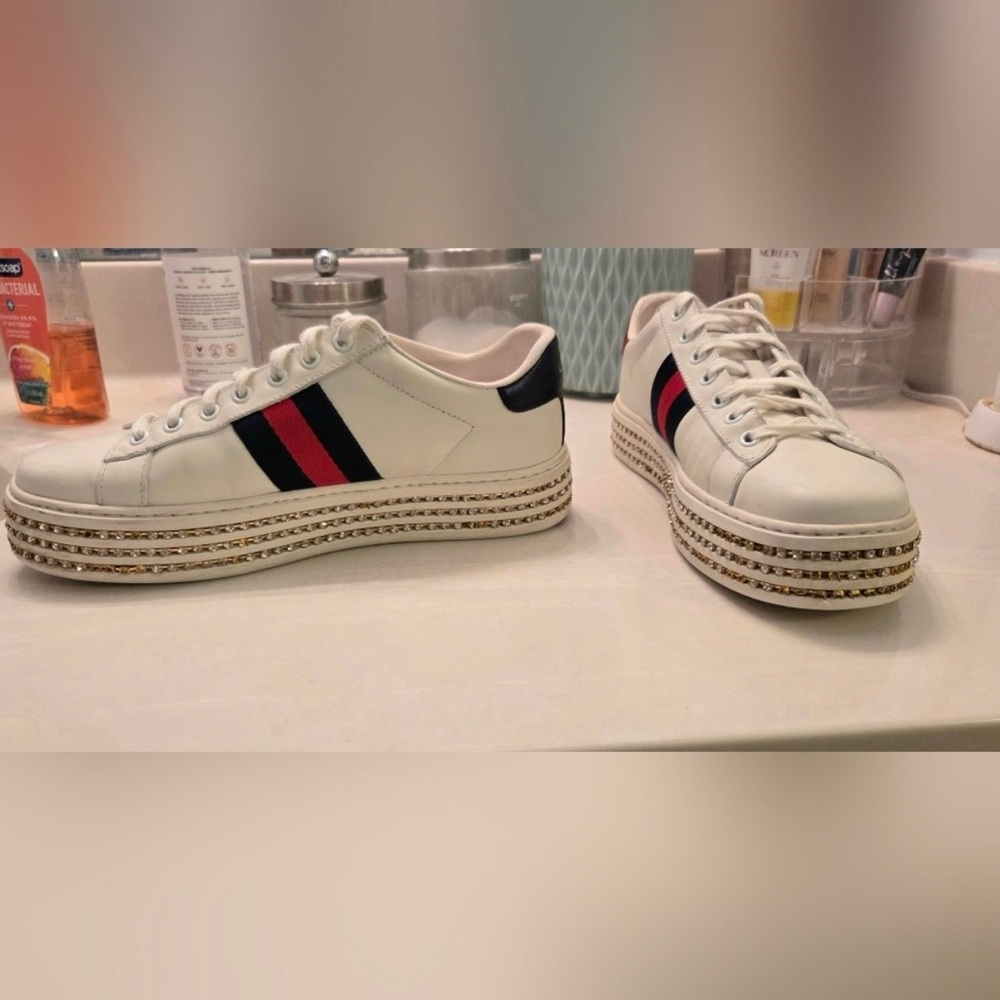 Gucci Women’s Ace Embellished Crystal White Sneakers 37 - Picture 2 of 9
